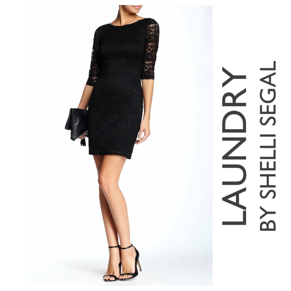 LAUNDRY BY SHELLI SEGAL Black Lace Elbow Length Sleeve Cocktail Dress NWT Sz 8P